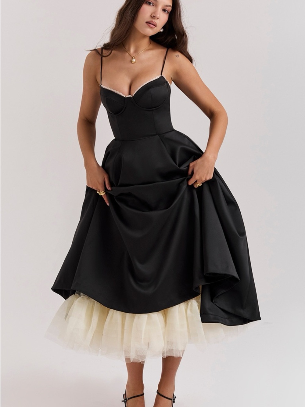 Function & Fringe | Elegant Black Satin Gown with Cream Tulle - Picture 9 of 10